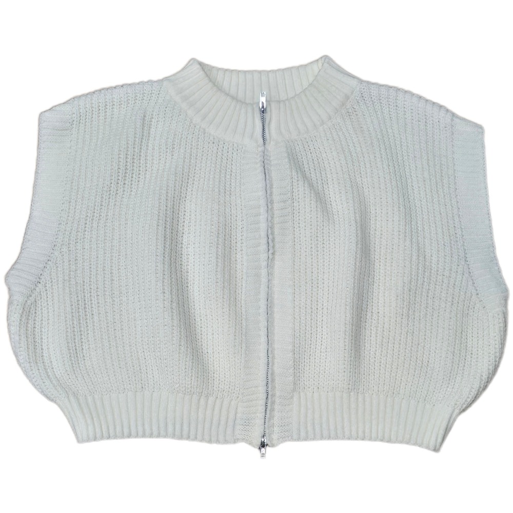 Bobbles & Lace White Cropped Knit Vest Full Zip Mock Neck Sweater Size Large